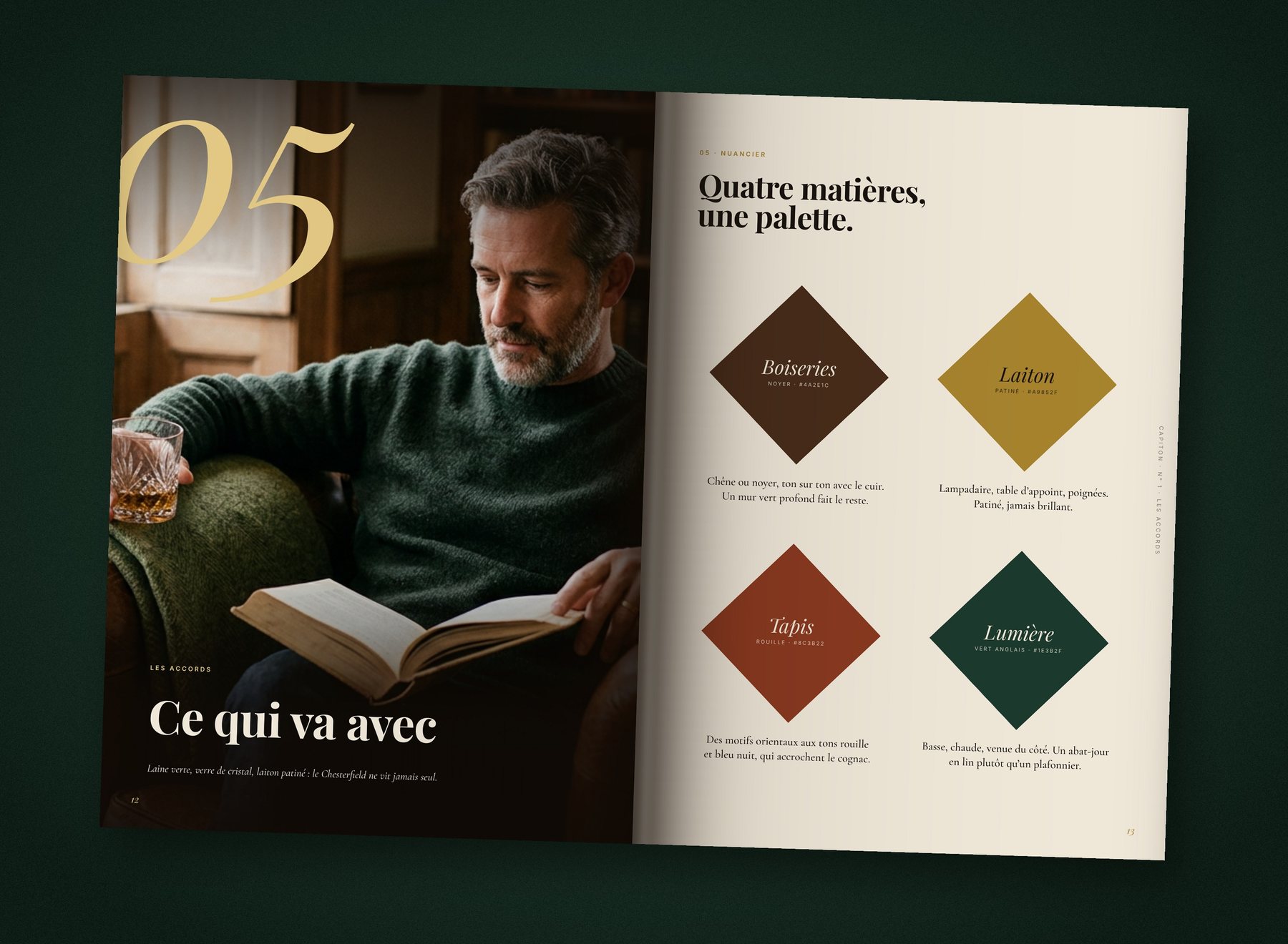 Double page les accords du magazine CAPITON, photo et nuancier en losanges