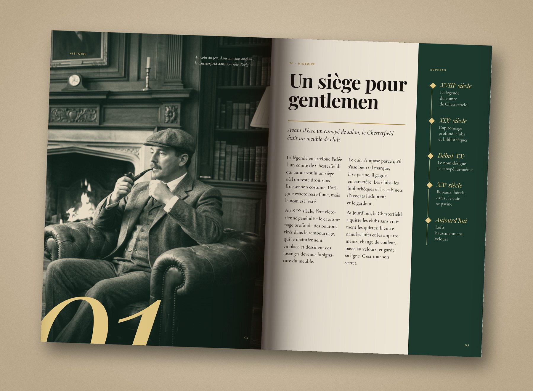 Double page histoire du magazine CAPITON, photo en duotone d’un club anglais et frise verticale