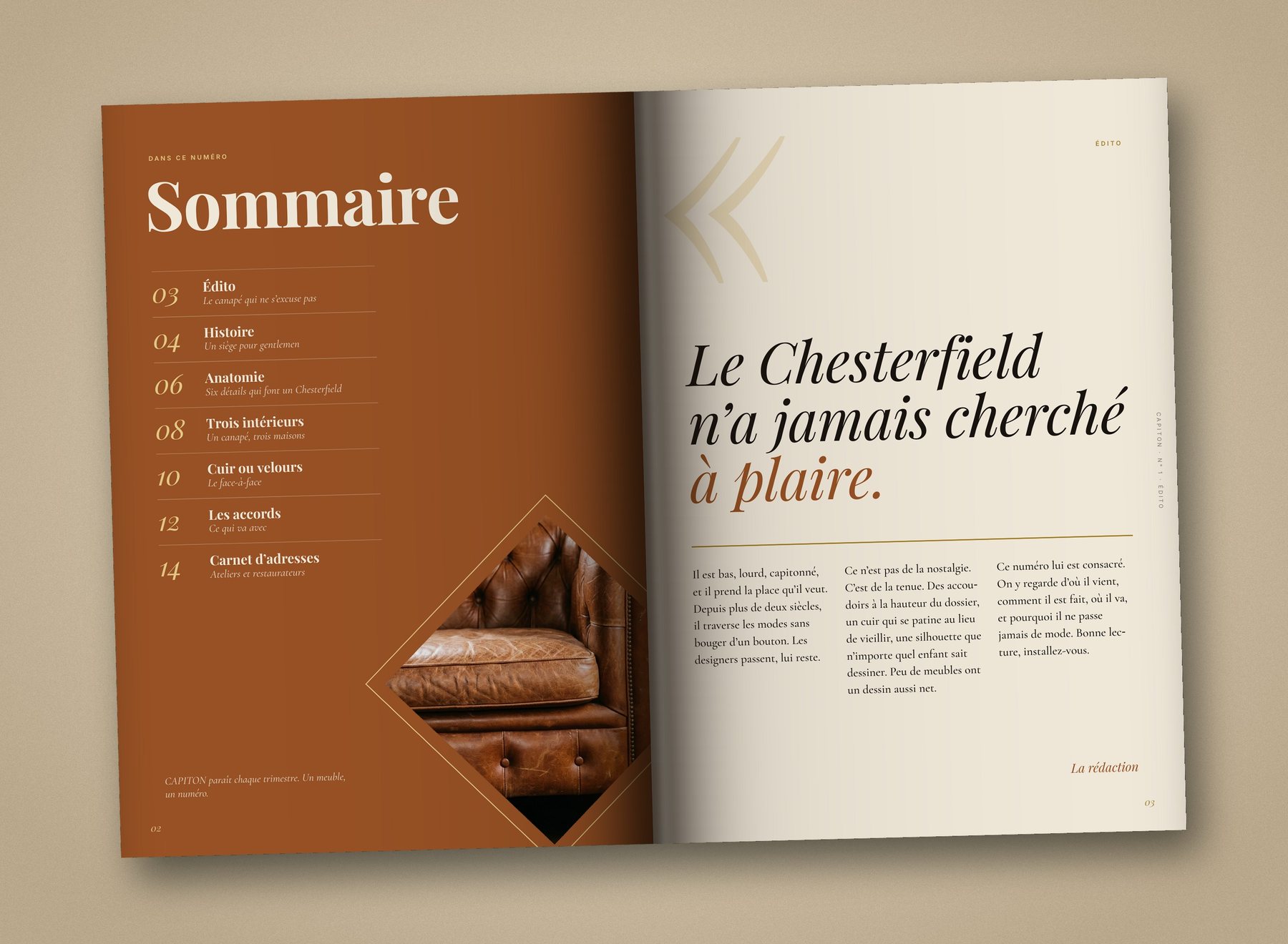 Sommaire sur aplat cognac et édito typographique du magazine CAPITON