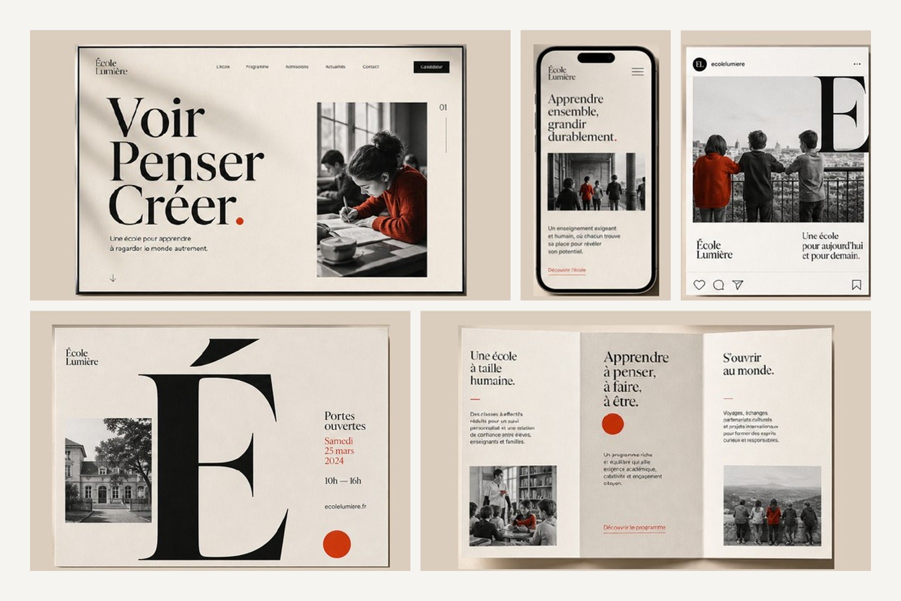 Identité visuelle de l’École Lumière : site, mobile, carton portes ouvertes, Instagram et dépliant