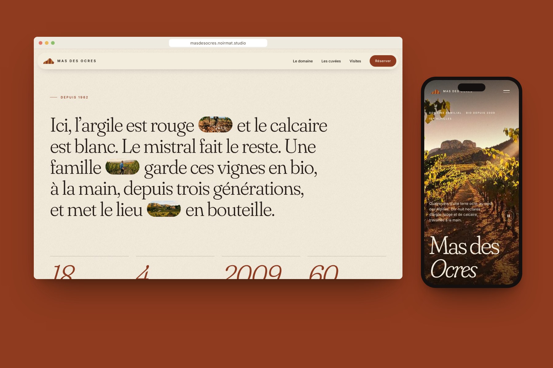 Mas des Ocres, le texte d’ouverture du site sur ordinateur et l’accueil sur téléphone