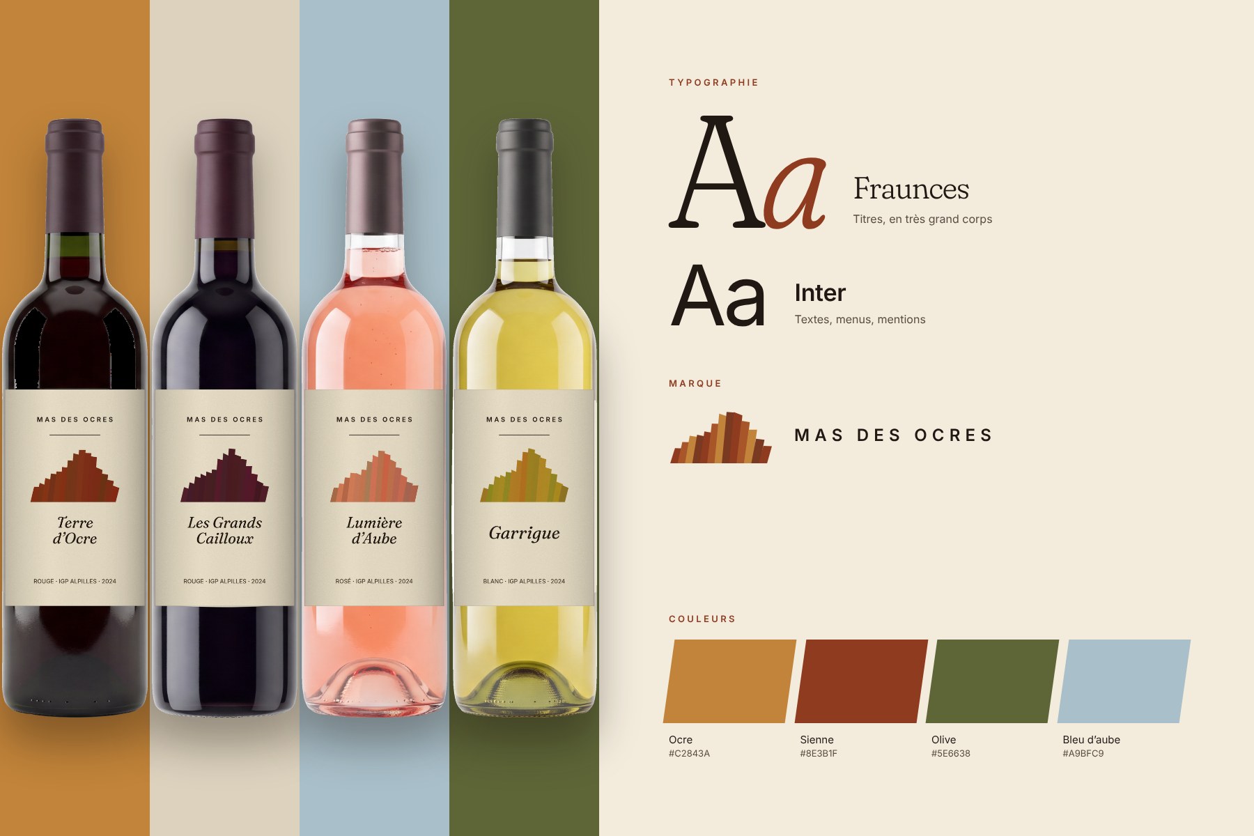 Système graphique du Mas des Ocres : bouteilles étiquetées, typographies et couleurs