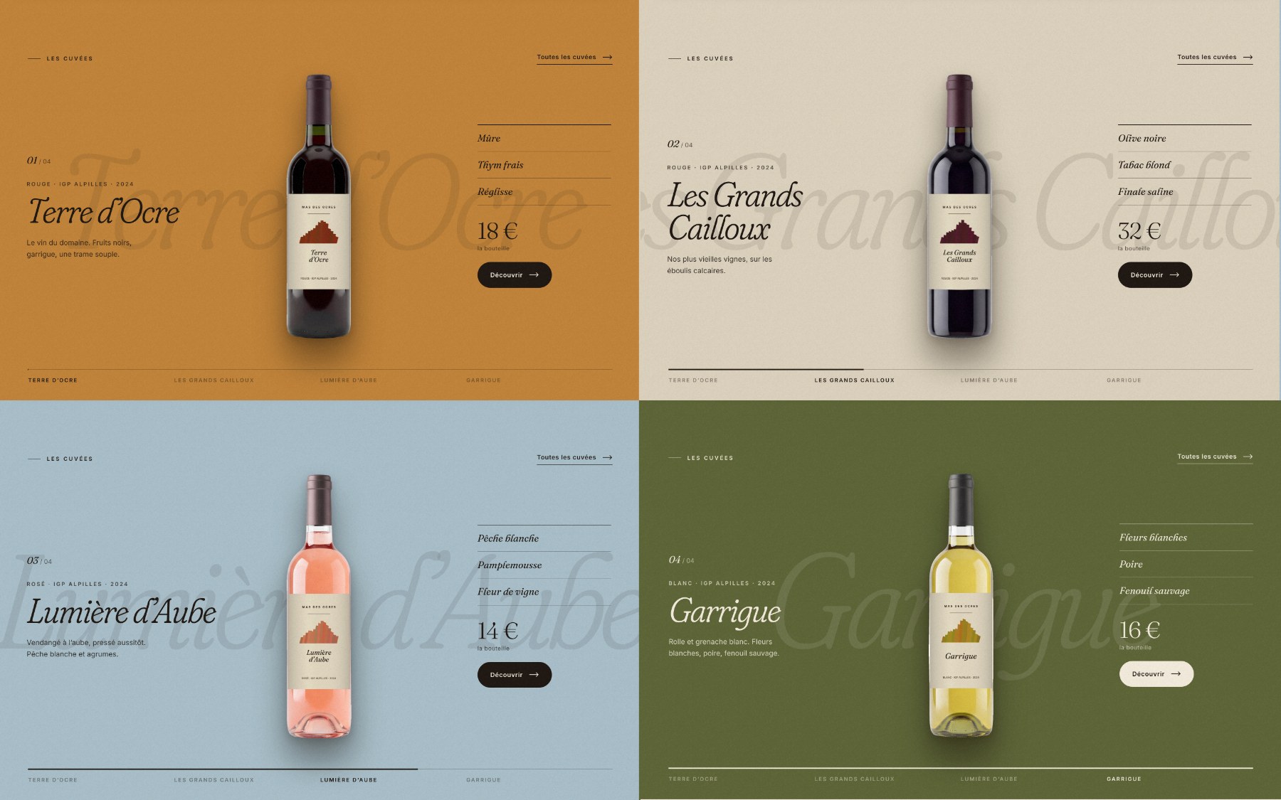 Les quatre cuvées du Mas des Ocres, chacune sur son aplat de couleur